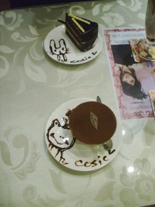 Tiramisu and Cake with Decorative Syrup